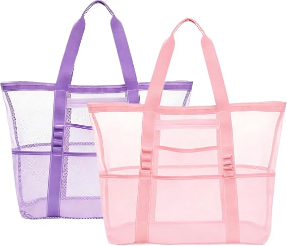 2Pcs/Set Large Summer Mesh Beach Bag Foldable Pool Tote Bag with Multiple Pockets Vacation Essentials for Womens