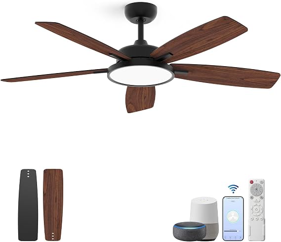 Taloya 52 Inch Modern Ceiling Fans with Lights and Remote, Smart with App Control, Dimmable LED, 6 Speeds, 3000-6500K, Quiet Reversible DC Motor for Bedroom Living Room Office, Black [Energy Class C]