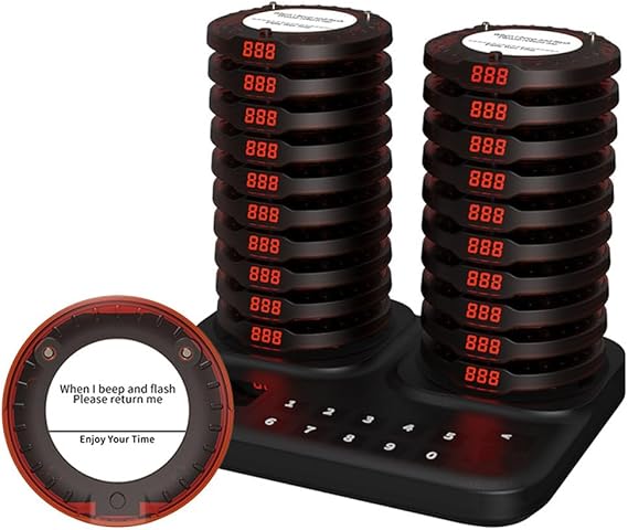 Wireless Restaurant Pager System,20 Wireless Coaster Beeper, Restaurant Buzzer System 800M Long Range, Standby Time 20 Hours with Buzzer Vibration Flash, for Food Truck, Coffee Shop, Restaurant