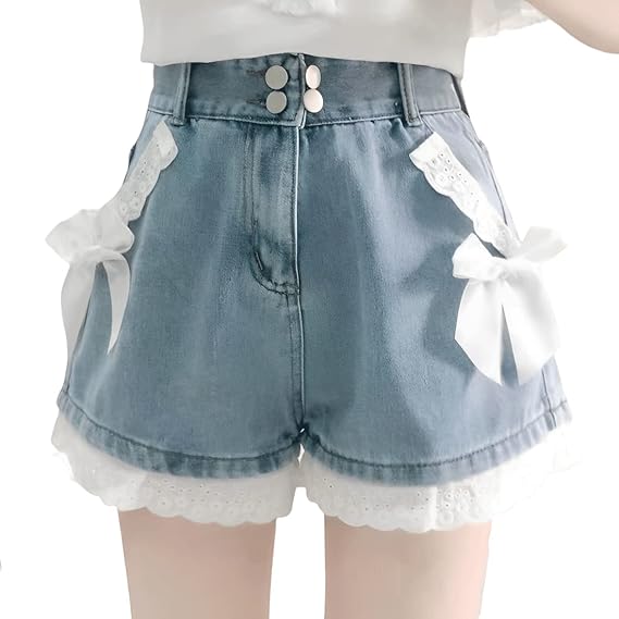 Harajuku Y2K Style Pastel Kawaii Gothic High Waisted Straight Wide Leg Vintage Lace Bows Trim Denim Shorts