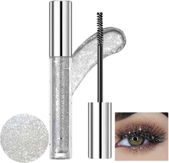 Glitter Mascara Silver Diamond Sparkle Shimmer Waterproof for Shiny Slender Curled Lashes Long-Lasting Festival Carnival Wedding Party Bling Bling