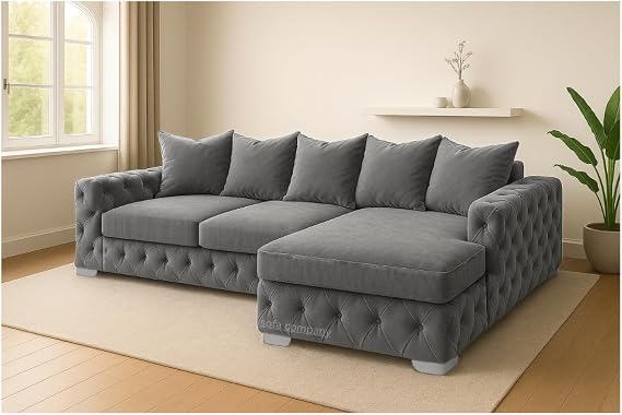 Sofaya Plush Chesterfield Corner Sofa with Left or Right Hand Option - L Shaped Sofa with Deep Tufted Buttons – Chaise Sofa Couch with Scatter Cushions for Living Room (Grey, Right Hand Chaise)