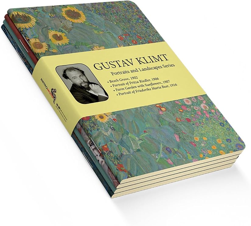 Retronote Portraits and Landscapes Series - A5, Gustav Klimt 4'lü Defter Seti II, Çizgisiz, Toplam 256 Sayfa, Her biri 64 Sayfa, Tel Dikiş, Esnek Kapak, Oval Kenar, Tuval Doku, 60 gram, Sarı Krem Renk