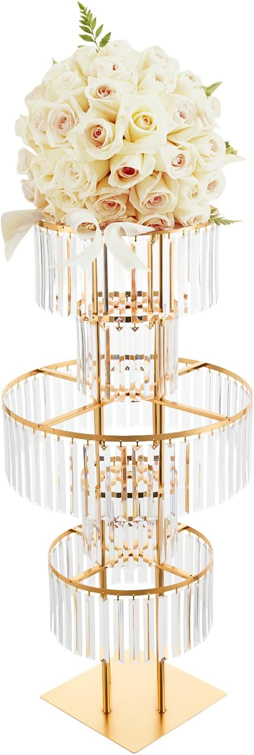Wedding Gold Vases Centerpieces Luxurious Crystal Flower Stand, 5 Tier Round Crystal Chandelier Flower Stand, Wedding Tall Flower Holders for Reception Tables Wedding Party Hotel Home Decor
