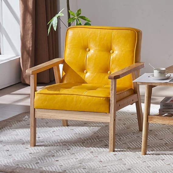 Single Sofa, PU Leather, Thick Cushion, Armrest, Natural Wooden Legs, Vintage, Stylish, Modern, Simple, Cushioned, Popular, Great Gift Wood Grain Color Frame, Yellow