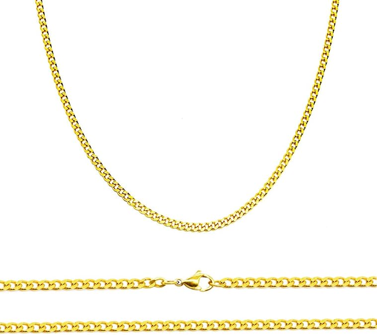 Solid Gold Curb Chain Necklace 2mm thick 18ct Real Gold Plated Size: 16 18 20 22 24 inch/40 46 50 55 60 cm