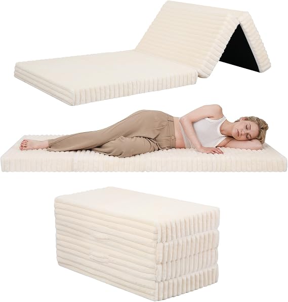 MeMoreCool Folding Floor Mattress 190x90cm, 4-Fold Foam Guest Bed, Beige