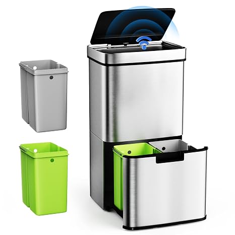 Gardtech Kitchen Waste Bin with Sensor 62 L Waste Separation System with 3 Compartments Stainless Steel Waste Bin 37 L + 2 x 12.5 L Soft-Close Lid
