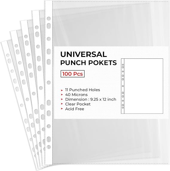 A4 Plastic Value Punched Punch Pockets, 11 Hole Heavy Duty File Binder Pockets, 40 Micron Clear Punched Pockets for Documents Folders Filling Plastic Wallets 100 Sleeves Pack
