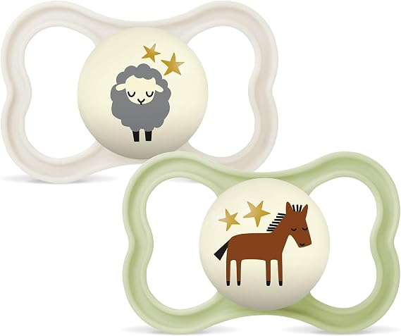 MAM Pacifier with Ventilated Shield, Glow in the Dark, 6 Months, Extra Thin and Flexible Silicone Easy Acceptance Teat, 2 Pack, Product Designs May Vary