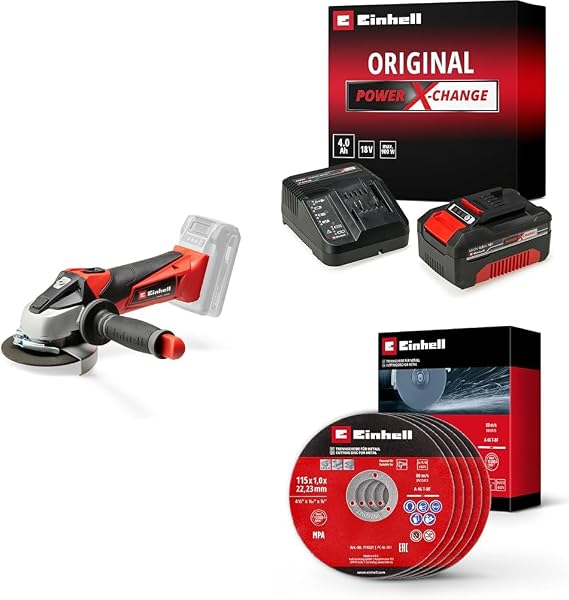 Einhell TE-AG 18/115 Li - Solo Akülü Avuç Taşlama + 18V 4,0 Ah PXC Starter Kit, Akü ve Şarj Cihazı + İnox kesici disk 115x1,0 mm 5 adet
