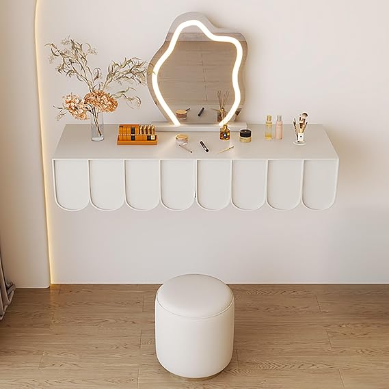 Floating Makeup Vanity Table Set with Dimmable Three Color Mirror and Stool Included - Ideal for Women and Girls Bedroom - Wall Mounted Dressing Table