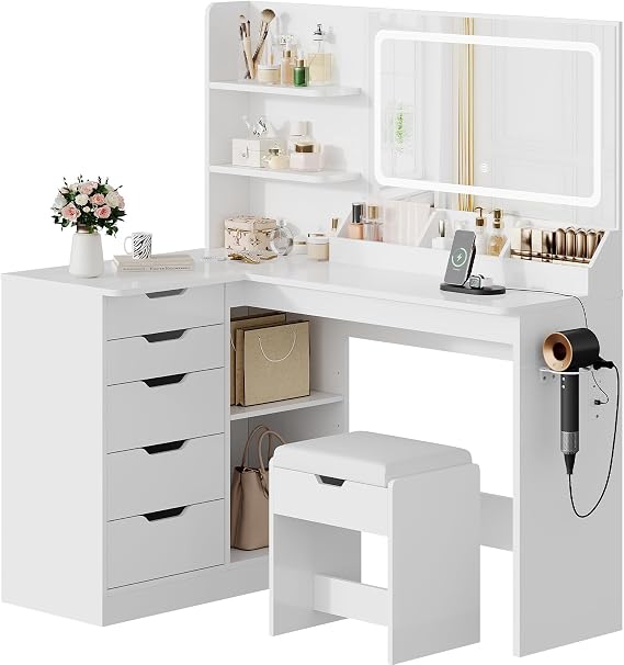 TRIUMPHKEY Dressing Table with Stool,Vanity Desk with Drawers,Power Outlet [Energy Class E]