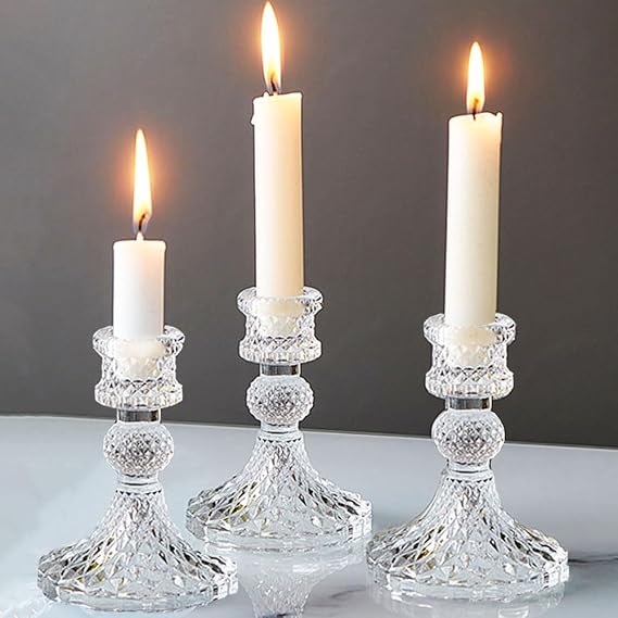 Glass Clear Candle Holder for Pillar Candle and Tapered Candle Table Decoration for Wedding Dinner Party - Pack of 3