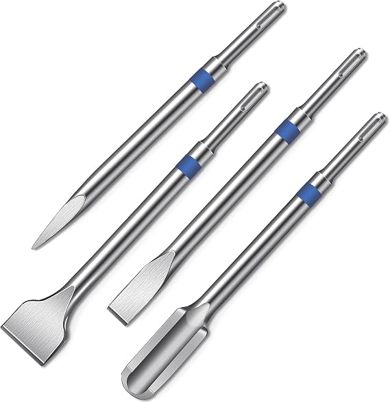 HYCHIKA SDS Plus Chisel Set - 4 Piece Comprising 40mm Tile Chisel, 20mm Flat Chisel, 25mm Channel Chisel and Tip Chisel, Extremely Sturdy SDS Plus Chisel for Tile, Concrete, Stone, Masonry