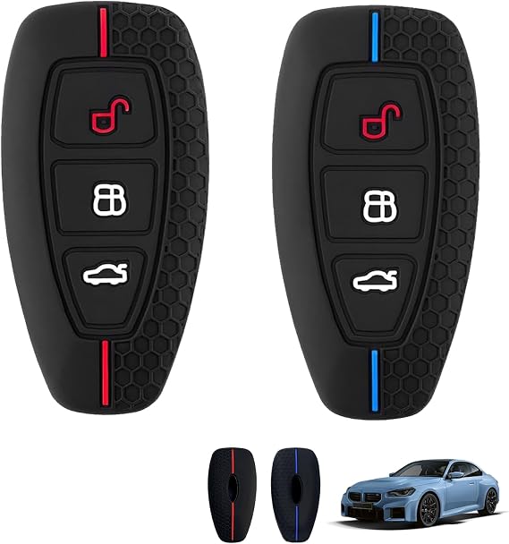 2 Pcs Car Key Covers for Ford, Key Case Fob Covers Protection Soft 3 Button Silicone Compatible with Ford Fiesta, Focus, Galaxy, Fusion, Mondeo, B-Max, C-Max, S-Max, Kuga, Ecosport (Blue and Red Line)