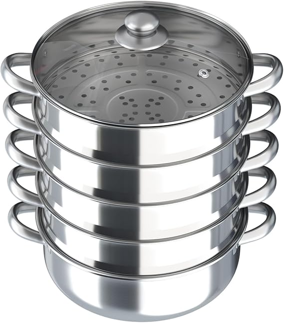26/28/30CM 5 Tier Stainless Steel Steamer Pan with Vented Glass Lid, Food Steamer for Vegetable Dumpling (Silver, 30cm)