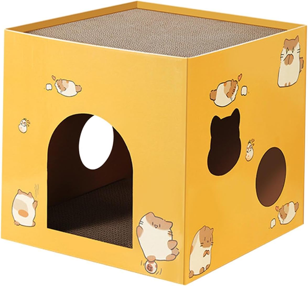 Cat Box Cats Bed Corrugated Cat Cardboard Box for Indoor Small Animals Rabbit Yellow S