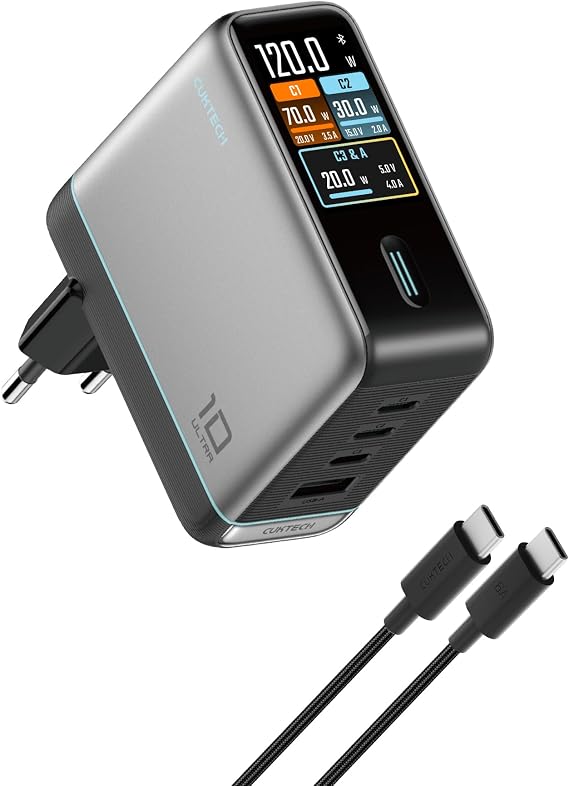 CUKTECH 120W USB C Charger, GaN Charger 4 Ports PPS PD3.0, Fast Charger with Smart Display and Touch Control, for MacBook, iPad, iPhone 17/16, Samsung S25, Xiaomi 17