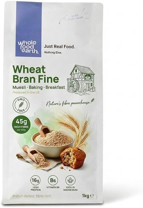 Wholefood Earth Fine Wheat Bran 1kg | High Fibre | High Protein | Vegan | GMO Free | No Added Sugar | Natural Source of B Vitamins & Iron