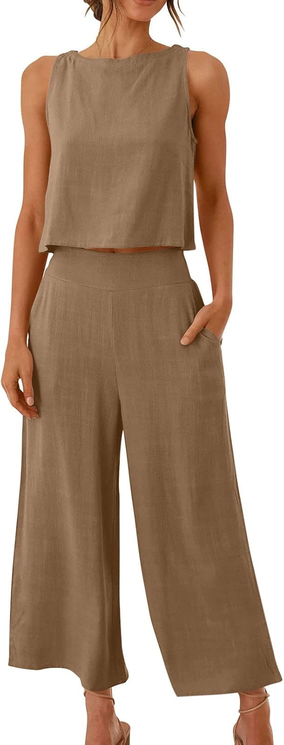 2 Piece Lounge Set for Women 2024 Summer Wide Leg Lounge Wear Sets Casual Elegant Tank Tops and Loose Cropped Pants Ladies Tracksuit Cotton Linen Plain Leisure Suits