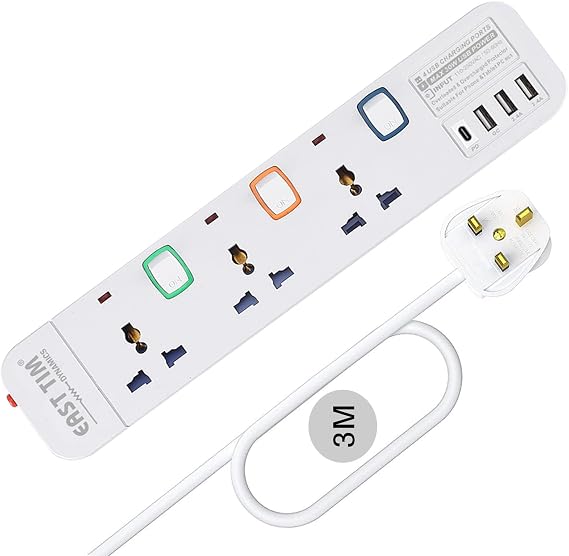 Extension Lead with USB C Slots Switches 3 Ways Power Strip Fast Charging White Extension Cord Mutli Plug Adapter with 3M Extension Cable Individual Switches for Room, Office, Dorm