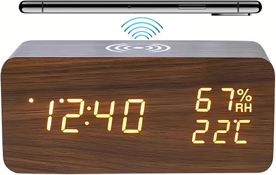 Lancoon Digital Alarm Clock, 3 Alarms, LED Display, Wireless Charging Brown