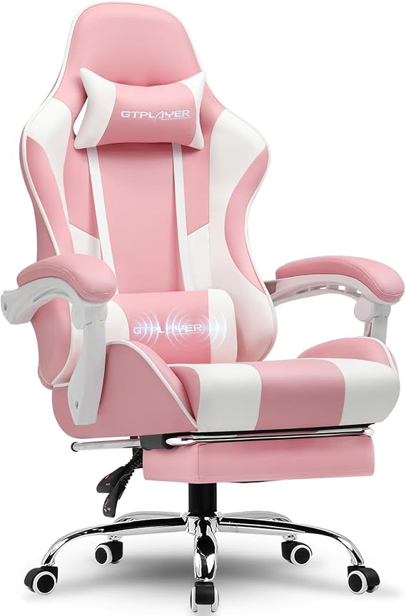 GTPLAYER Gaming Chair Office Chair Ergonomic PC Chair Gaming Chair with Massage End Spine Support Task Chairs with Footrest and Headrest Pink Faux Leather