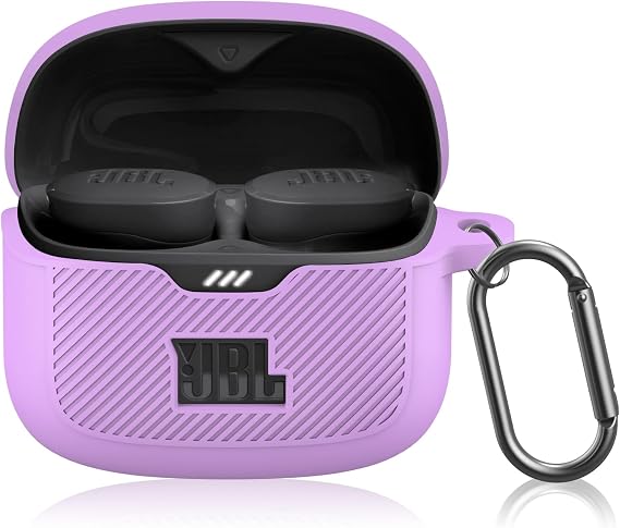 JBL Tune Buds Case Cover, Soft Silicone Protective Earphone Case Front LED Visible, Compatible with JBL TunePad Only, Headphone Case with Carabiner Accessories Set Purple