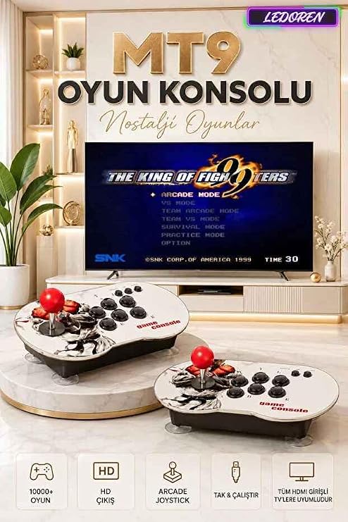 MT9 HD Nostalji Retro Atari Konsolu 10000 Oyunlu Çift Kişilik Kablosuz Joystick PS1 Arcade