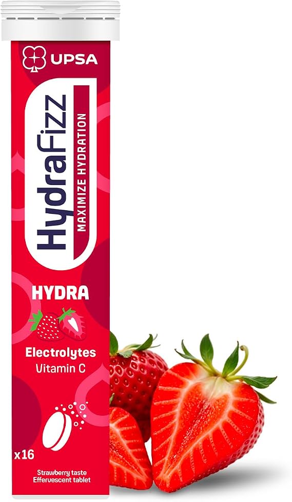 UPSA - Hydrafizz Hydra - Electrolyte Tablet - Daily Hydration Supplement - Electrolytes & Vitamin C to Boost Hydration - Strawberry Flavour - 16 Effervescent Rehydration Tablets