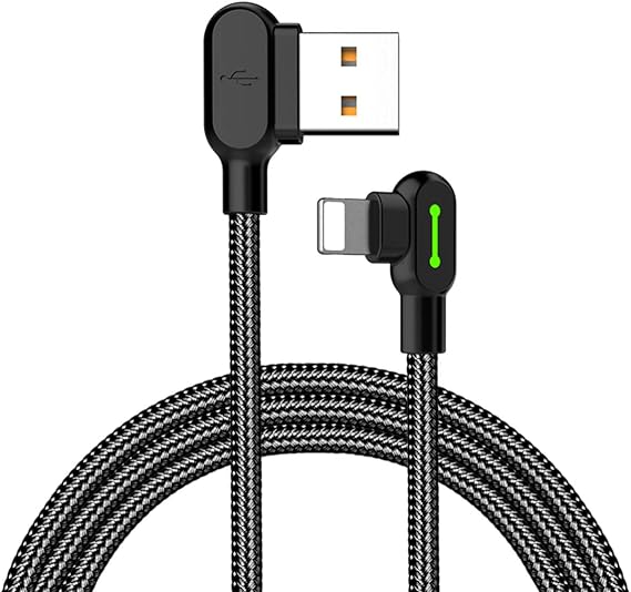 mcdodo E0335 LED 90 Degree iPhone Charger Fast Charging Cable data cable 2A Zinc Alloy Nylon Anti-Bending Anti-Fracture Compatible iPhone X 8 7 6 Plus iPad iPod (1.2M),Black