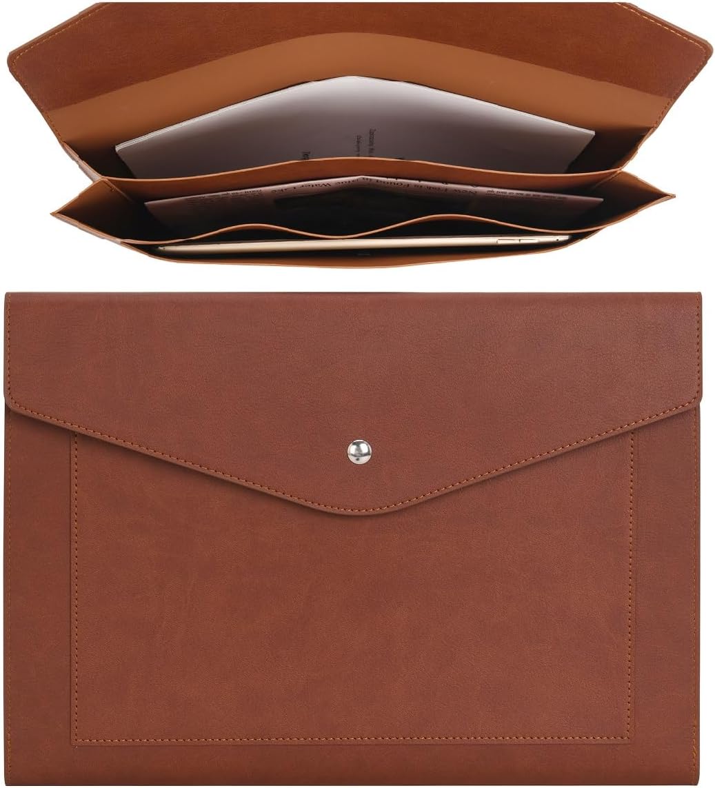 Wason Expanding A4 Document File PU Leather Envelope Case Holder-Large Size Pockets for Paper Bills Stationery Tablet and PC, Work Study Traveling Dark Brown