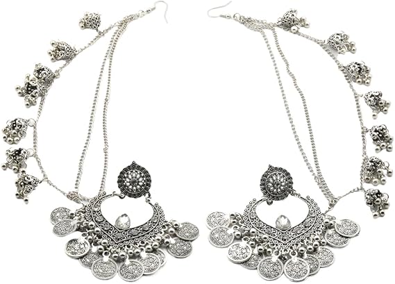 Silver Jhumki Bib Statement Double Piercing Bell Tassel Drop Studs Earrings for Women Crystal Teardrop Indian Chandelier Bohemian Dangling Engraved