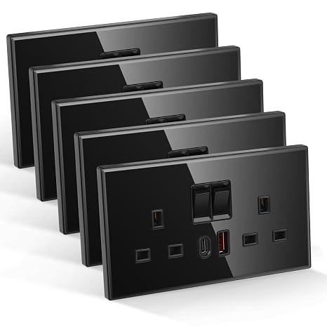 CNBINGO Double Switched Socket with 20W PD USB C and A Fast Charging Ports, Electric Power Sockets 2 Gang 13 Amp, Black Tempered Glass Panel Wall Outlet, 5 Pack