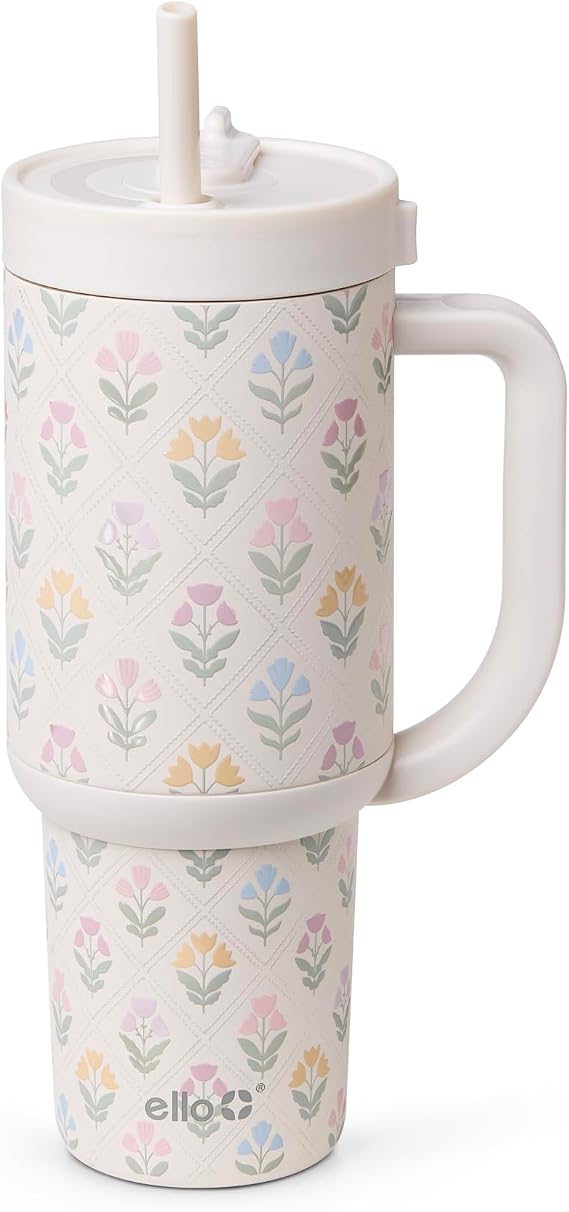 Ello Oasis 30oz Insulated Stainless Steel Tumbler with Straw, Flower Quilt