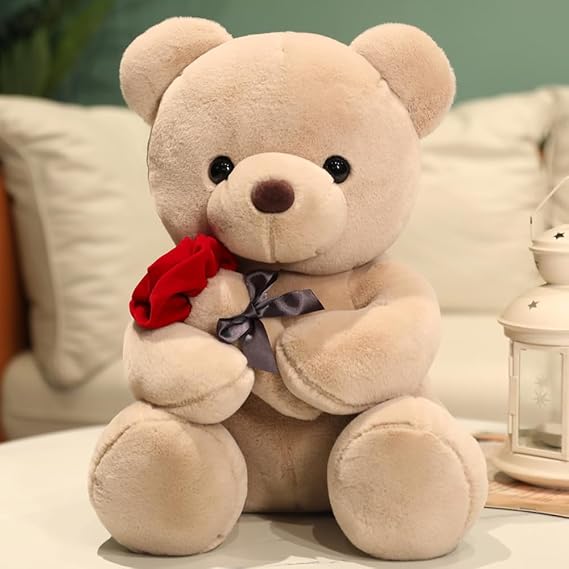 Cute Teddy Bear Plush Toys With Rose Flower Valentines Day Teddy Stuffed Animal Gift for Valentine's Day Christmas Anniversaries (Brown, 25cm(9.8"))