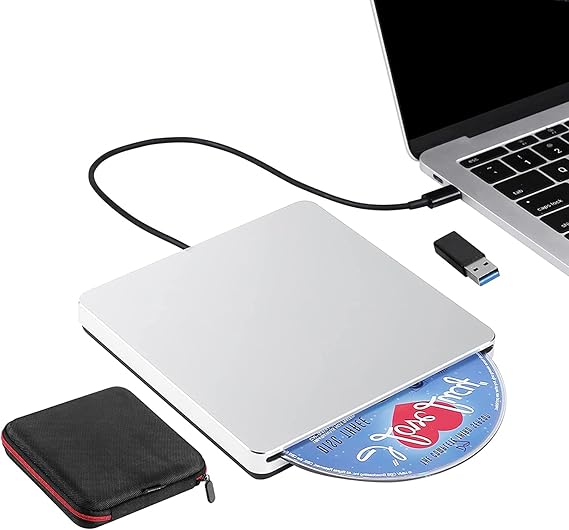 External CD DVD Drive, USB C USB 3.0 Slim CD/DVD +/-RW Drive Reader Slot in CD ROM Burner Writer, External Disc Drives DVD Player for Laptop PC MacBook Windows 11 10 Mac OS with Carrying Case