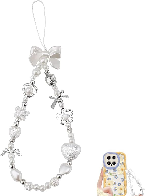 Phone Charm Strap, Pearl Heart Bow Beaded Phone Bracelet Strap, for Keychain Wallet Camera(White)