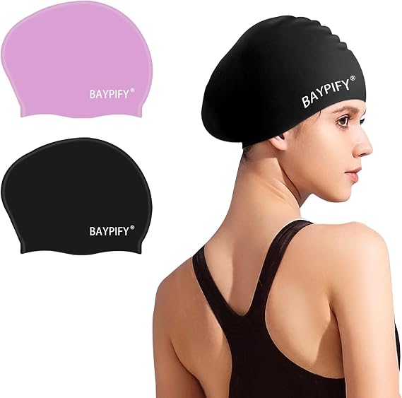2 Pack Silicone Long Hair Swimming Cap, Anti-Slip Waterproof
