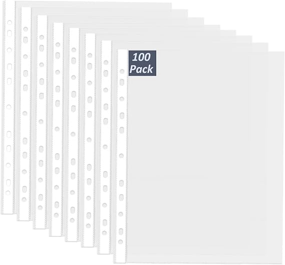Punched Pockets A4 Plastic Wallets, 100 Pack Clear, 80 Micron Polypropylene Sleeves for A4 Paper, Waterproof, School, Office, Home