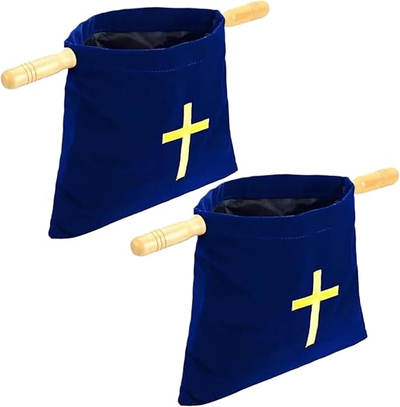 Offering Baskets for Church,2Pcs Embroidered Cross Bible Bags with Wood Handles,Flannel Church Bags for Churches Communion Supplies/Blue