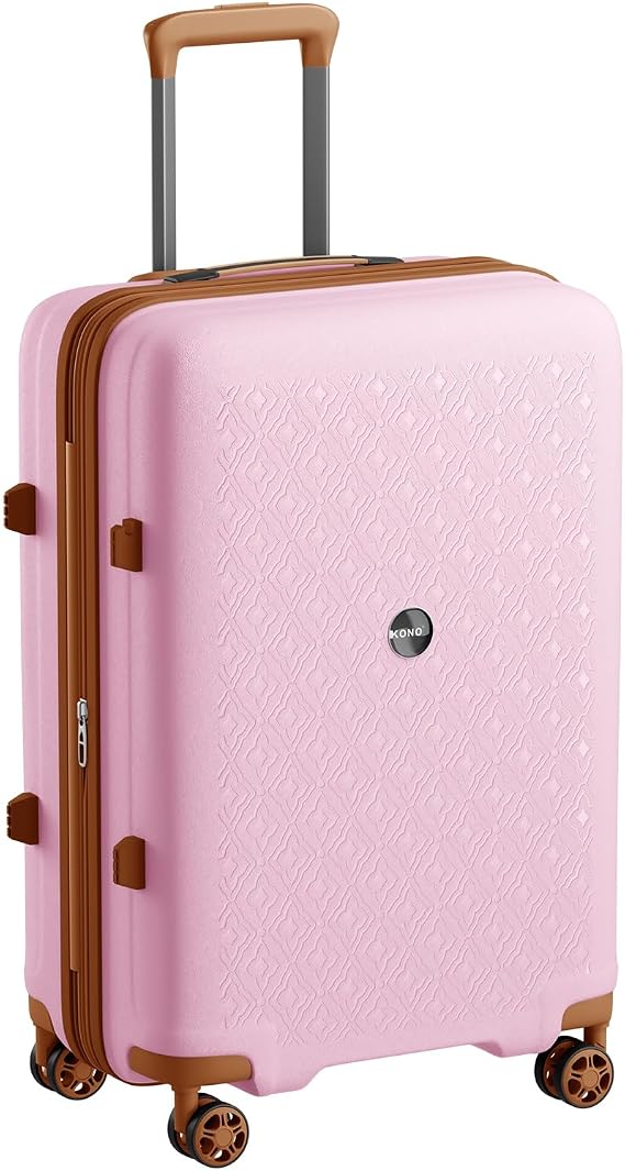 Kono Expandable Medium 24" Suitcase, Polypropylene Hard Shell Lightweight Check-in Luggage, Built-in Cup Holder, 4 Silent Wheels, TSA Lock for Business, Travel, Holiday(Pink/Brown)