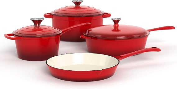 Kitchen Academy, Enameled Cast Iron Cookware Set, 7 PCS Set of Dutch Ovens