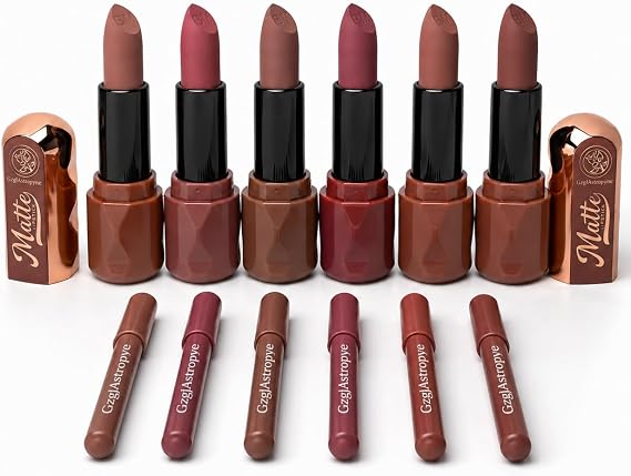 6 Sets Matte Lipstick and Lip Liner Set for Women, 2 in 1 Long Lasting Lip Colour Kit with Lip Liner Pencils, Smooth Matte Lip Makeup Set for Daily, Date and Party Looks