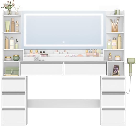 HEXCELEN 149 cm Dressing Table, with LED Light, Large Mirror, White-Silver