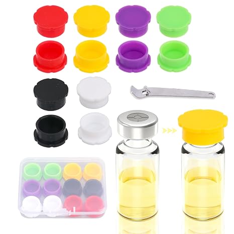 12個 3ml ガラスバイアル 保護キャップ、漏れ防止&フリップトップ蓋カバー、栓抜き付き 再利用可能な保護アクセサリー 注射用3mlバイアル用6色