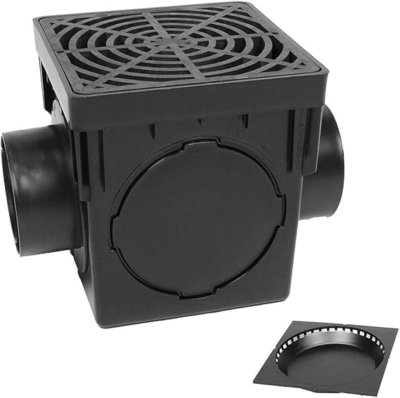 Storm Drain 9" Square Catch Lavatory Yard Drain Kit with Garbage Trap Black Grate, 9"