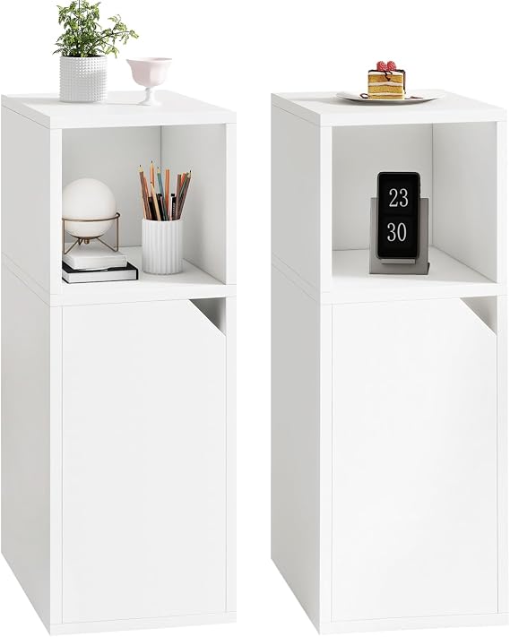 YMYNY Narrow Bedside Table Set of 2, Slim Side Table with Open Compartment and Door, Adjustable Shelf, Bedside Cabinet, for Bedroom, Living Room, White HST016W-2