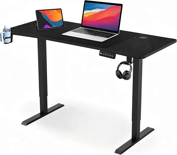 Electric Standing Desk 120x60cm Computer Desk Height Adjustable 3 Memory Heights Office Desk with Cup & Headphone holder, Type C Charge Sit Standfor Table for Home Office, Black